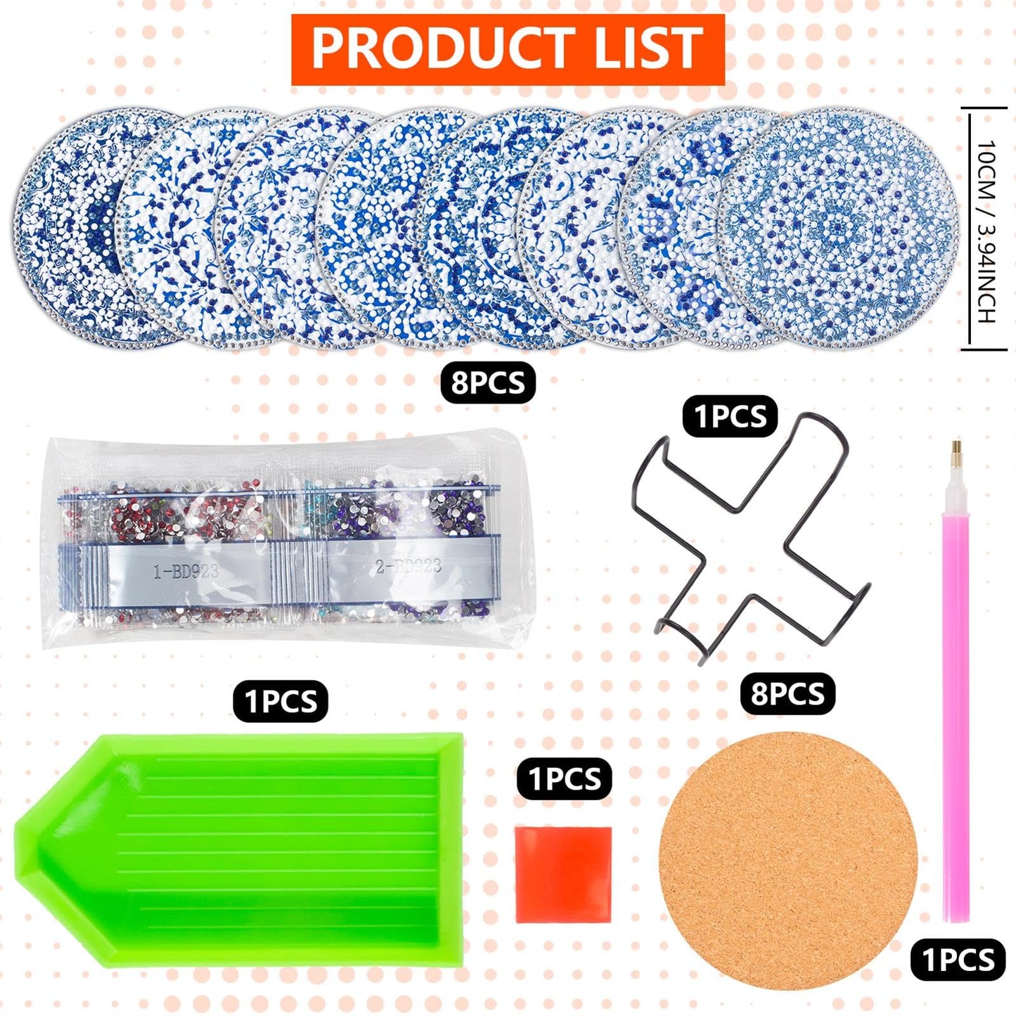 Blue and White Porcelain Diamond Art Coaster Kit, 8PCS DIY Diamond Painting Crafts with Holder, Chinese Style Mosaic Diamond Kit for Adults, Elegant Gift for Women & Teens