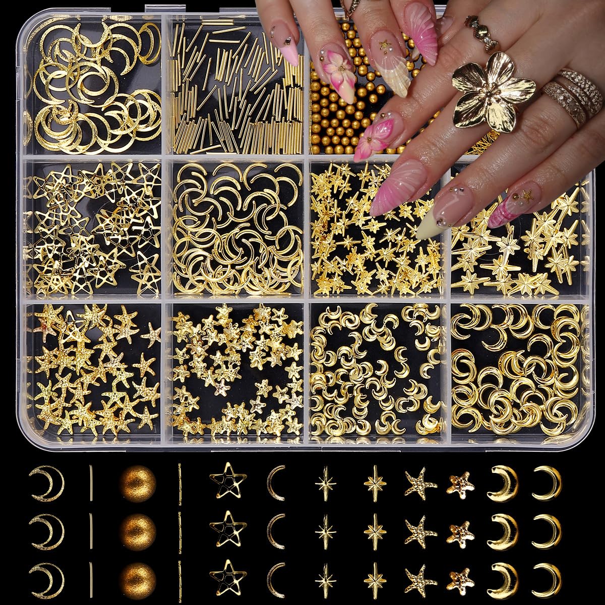 48 Grids Nail Charms Kit with Rhinestones for Nails, 3D Kawaii Bows Flowers Charms for Nails, Metal Star and Moon Bow Nail Art Charms DIY Manicure Art