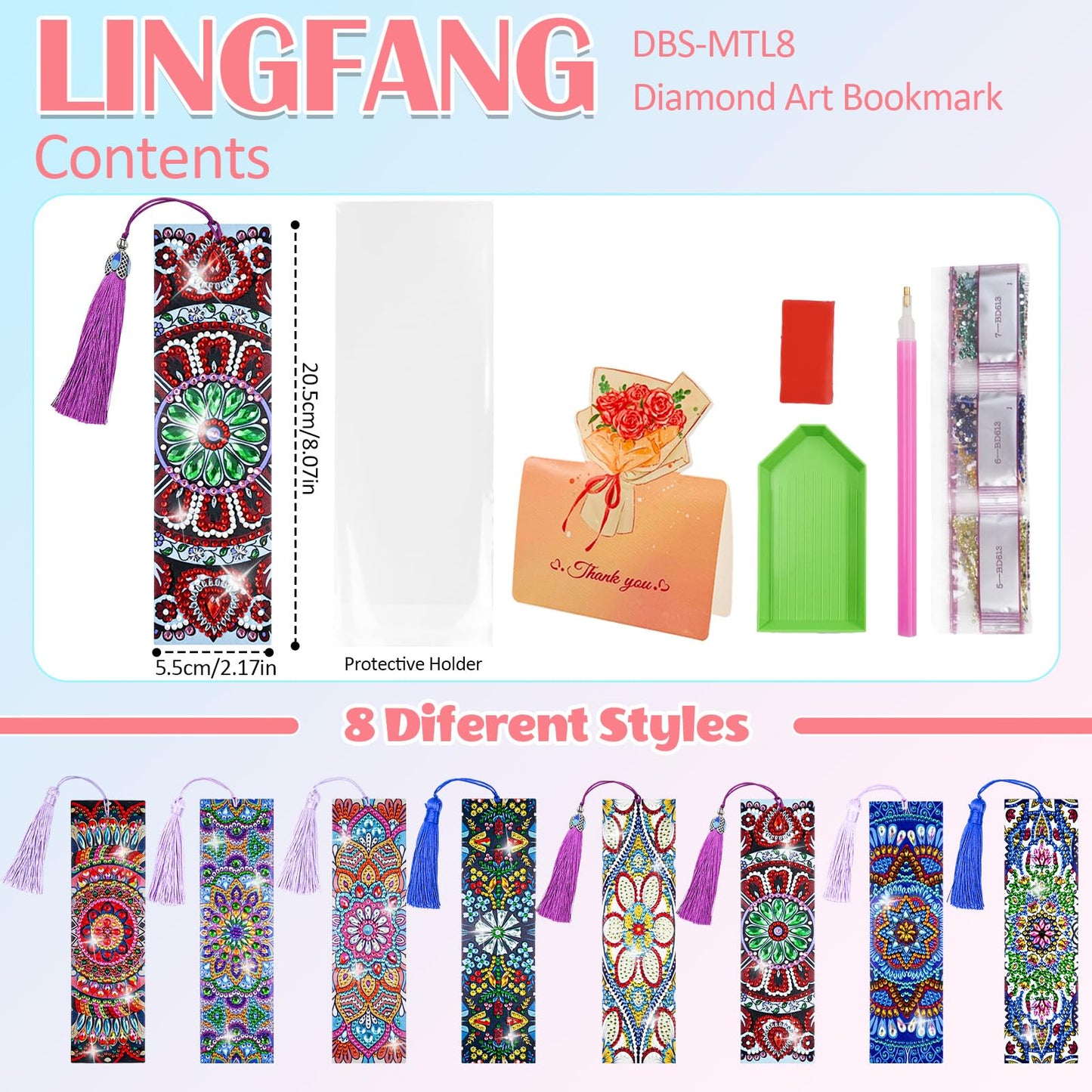 LINGFANG 8 Pcs Diamond Painting Bookmark, Leather DIY Book Makers for Adults Book Lovers, Diamond Art Beginners, Small Diamond Art Kits, Paint by Art Crafts Supplies Gift for Girls (Mandala)