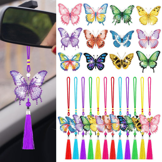 JenPen 12 Pcs Diamond Painting Car Ornaments Butterfly Diamond Art Ornament for Car Double Sided Painting Hanging Ornament Garden Decoration Multicolor Crystal Gem Paint DIY Kit