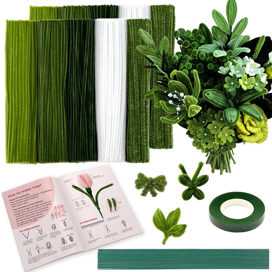 470pcs Green Pipe Cleaners Flower Kit,5 Colors Pipe Cleaner Bulk with Instruction for Flowers Making, Chenille Stems with Floral Wire Stems, Floral Tape,DlY Decorations and Art Supplies