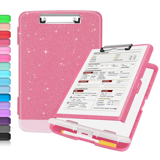 Sooez Glitter Clipboard with Storage, High Capacity Clip Boards 8.5x11 with Pen Holder, Cute Clipboards with Low Profile Clip, Sparkle Plastic Organizer Case Box for Women & Kids, Side Opening