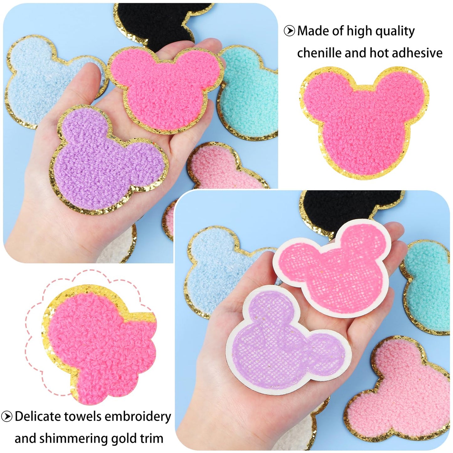 16 Pcs Chenille Bear Patches, EVERMARKET Iron on Patches Cute Chenille Embroidered Applique Patch for Clothing Sew on Glitter Gold Trimmed Decorative Patch for DIY Decors