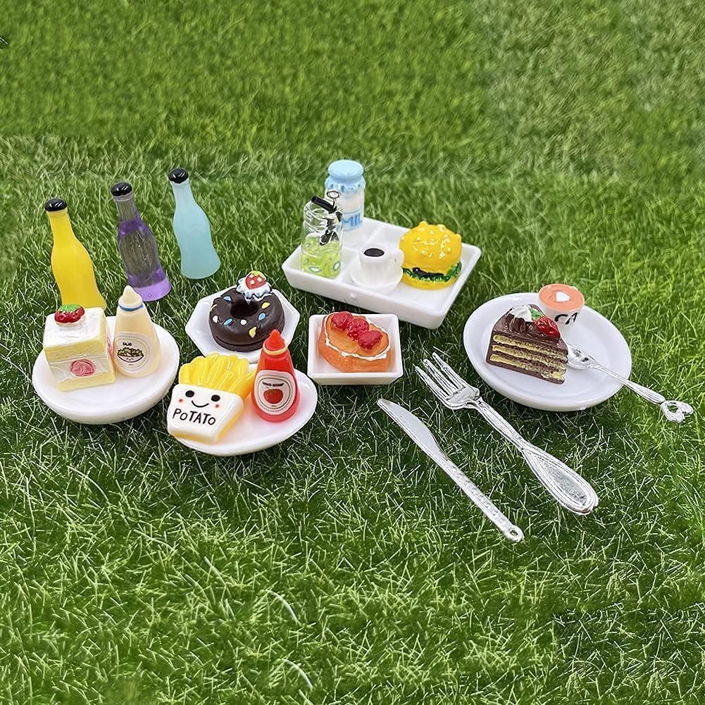 HKLMRO 150Pcs Miniature Food Drink Bottles Adults Dollhouse Soda Pop Cans Pretend Play Kitchen Cooking Game Party Accessories Toys Hamburger Cake Ice Cream Pizza Bread Tableware Doll House Landscape