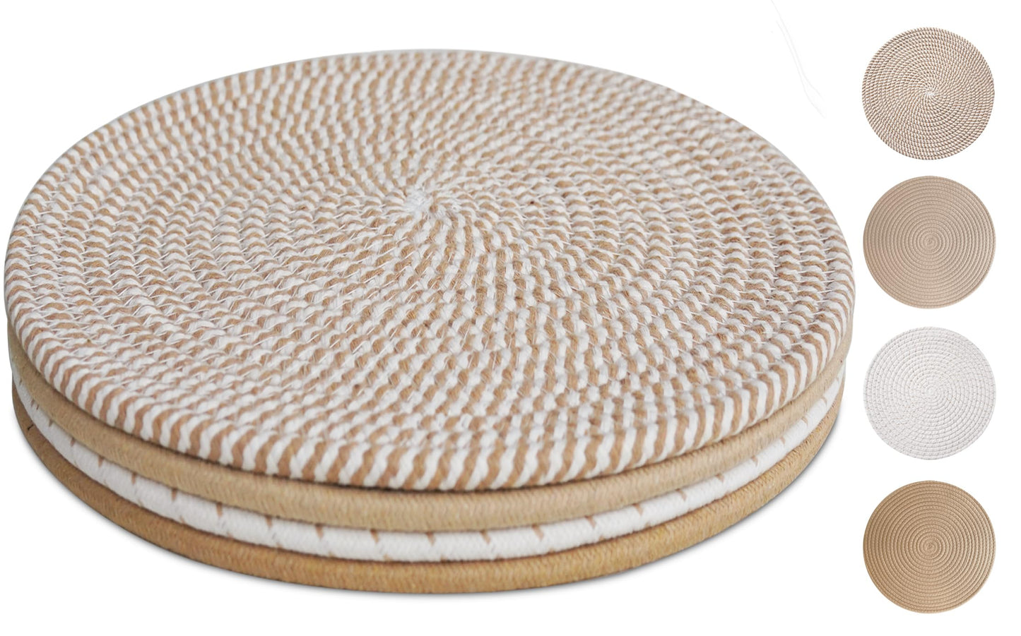 GravGrow 10 Inch Trivets for Hot Dishes, Large Trivets for Hot Pots and Pans, Thicken Heat Resistant Round Place Mats Woven Table Mats, Boho Placemats for Kitchen Dining Table, 4 Pcs