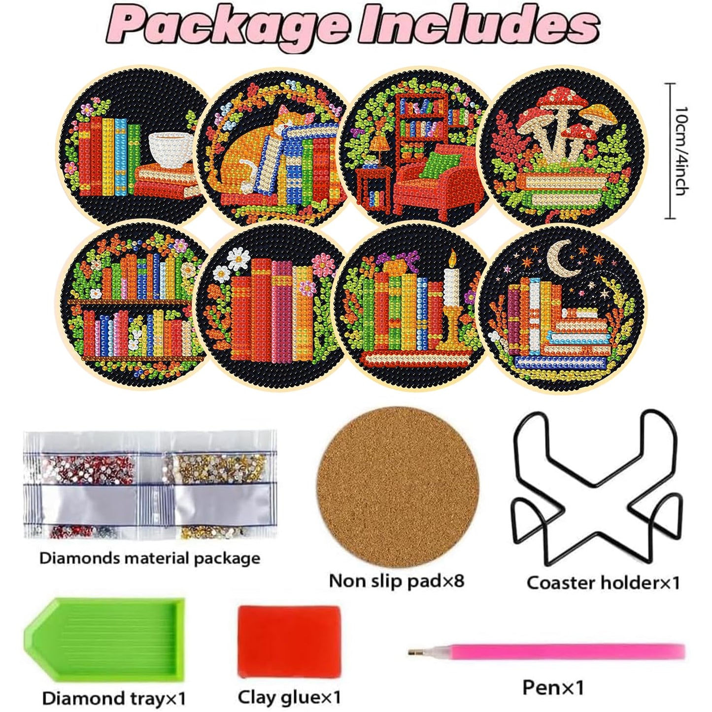 Puraikcmi 6pcs DIY Diamond Painting Kits Coasters with Holder, Diamond Art Coasters by Number for Kids and Adults Full Drill Round Mosaic Stitch Art Craft Supplies (Book Diamond Art Coasters)