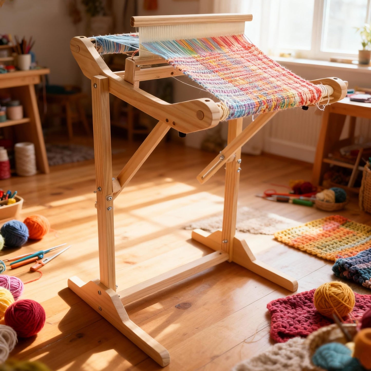 PURCOULEUR 16 Inches Rigid Heddle Loom with Holder, Wooden Weaving Loom for Adults, Multi-Craft Frame Loom for Beginners, Threads Warping Frame with Peg, Yarn Stand, Heddle Shed Stick Weaving Loom Kit