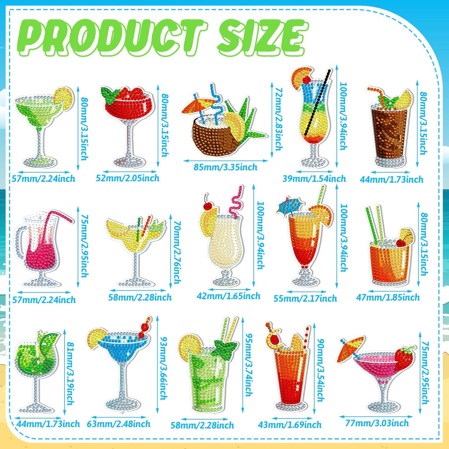 Thinkday 15 Pcs Summer Diamond Painting Keychains Kits Cocktail Tropical Drink 5d Diamond Art Keychain Summer Hanging Ornaments for Adult Beginner DIY Craft Purse Backpack Handbag Family Decor