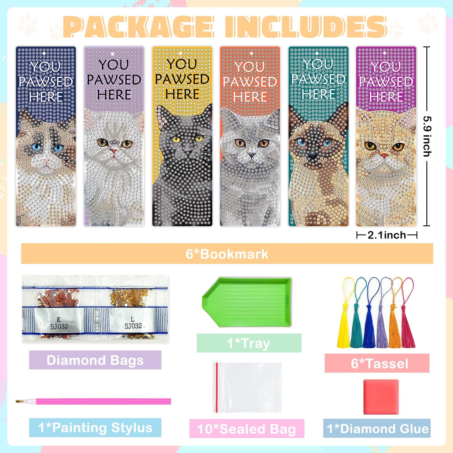 6 PCS Diamond Art Kits Bookmarks Cat Diamond Painting Bookmark, 5D DIY Book Marks Dimond Art Paintings Gem Art, Acrylic Bookmarks with Tassels,Arts and Crafts for Adults Reading Gifts for Book Lovers