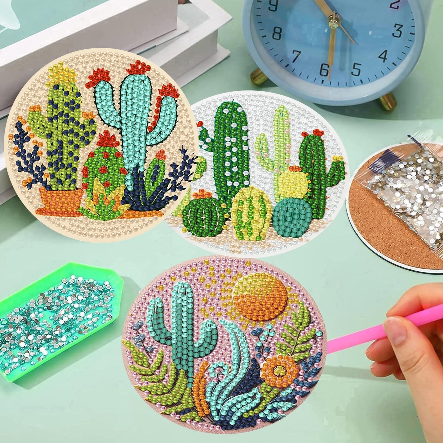 mrpwnle 8 Pcs Cactus Diamond Art Coasters Kit for Adults, Cactus Flowers Diamond Painting Coasters with Holder Cork Pads, DIY Diamond Art Non Slip Coaster Crafts Kits for Adults Beginners Gifts