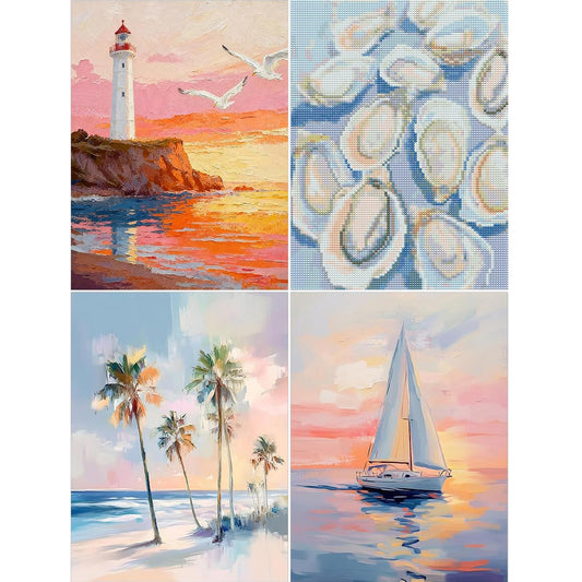 LEZHIJIA 4 Pack Beach Diamond Art Kits for Adults, Cute Diamond Painting Kits for Beginner, Summer Diamond Dots Full Drill Crafts for Gem Art Home Wall Decor for Teens Girls Ocean 5D DIY 12x16in