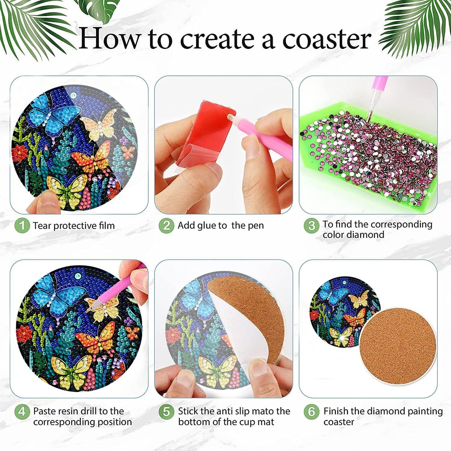 EWJRNSF 8 PCS Diamond Art Coasters Kit, Small Diamond Painting Coasters, Fall Butterfly Diamond Art Kits for Adults Beginners, Arts and Crafts Supplies Item Sets with Holder