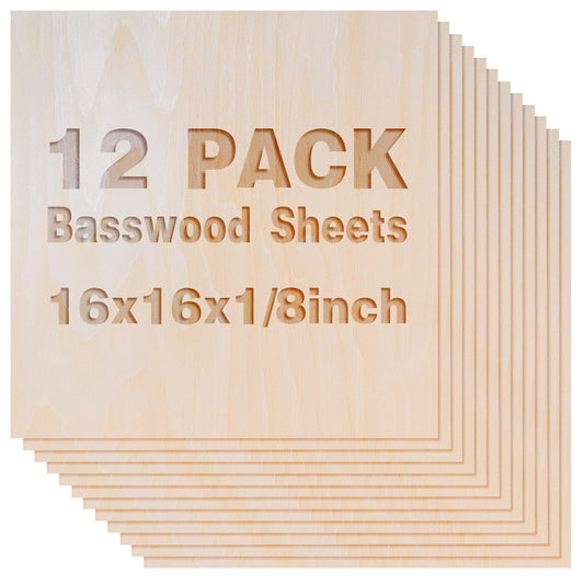 12 Pack Basswood Sheets 1/8x16x16 Inch, Unfinished Wood for Crafts, 3mm Basswood for Laser Cutting Engraving, Wood Burning, Architectural Models, Plywood Board for Painting. (16x16x1/8inch)