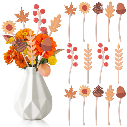 TICIAGA Autumn Leaves Wooden Picks - 14PCS Fall Maple Leaves Double-Sided Wooden Decorative Pick for Home Vase Filler, Autumn Foliage Wooden Floral Pick for Farmhouse Decor Fall Decorations for Home
