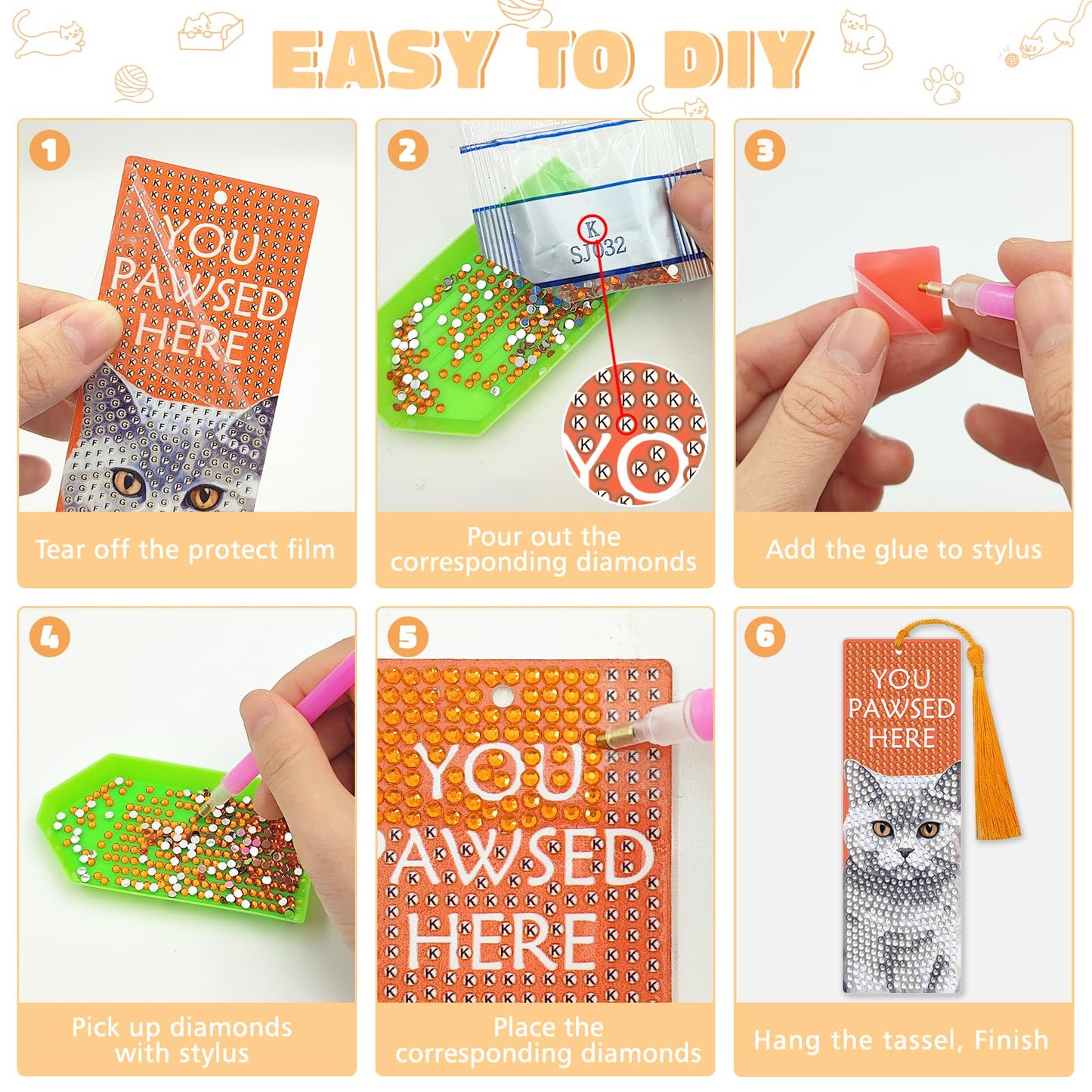 6 PCS Diamond Art Kits Bookmarks Cat Diamond Painting Bookmark, 5D DIY Book Marks Dimond Art Paintings Gem Art, Acrylic Bookmarks with Tassels,Arts and Crafts for Adults Reading Gifts for Book Lovers