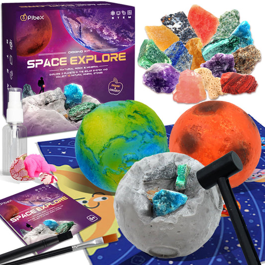 PIBEX Gemstone Dig Kit, Dig up 15 Rocks & Minerals from Earth Moon Mars, Solar System Planets Geology Science Set, Space Rock Mining Toys for Kids, STEM Gift for Boys & Girls Age 6-8-12