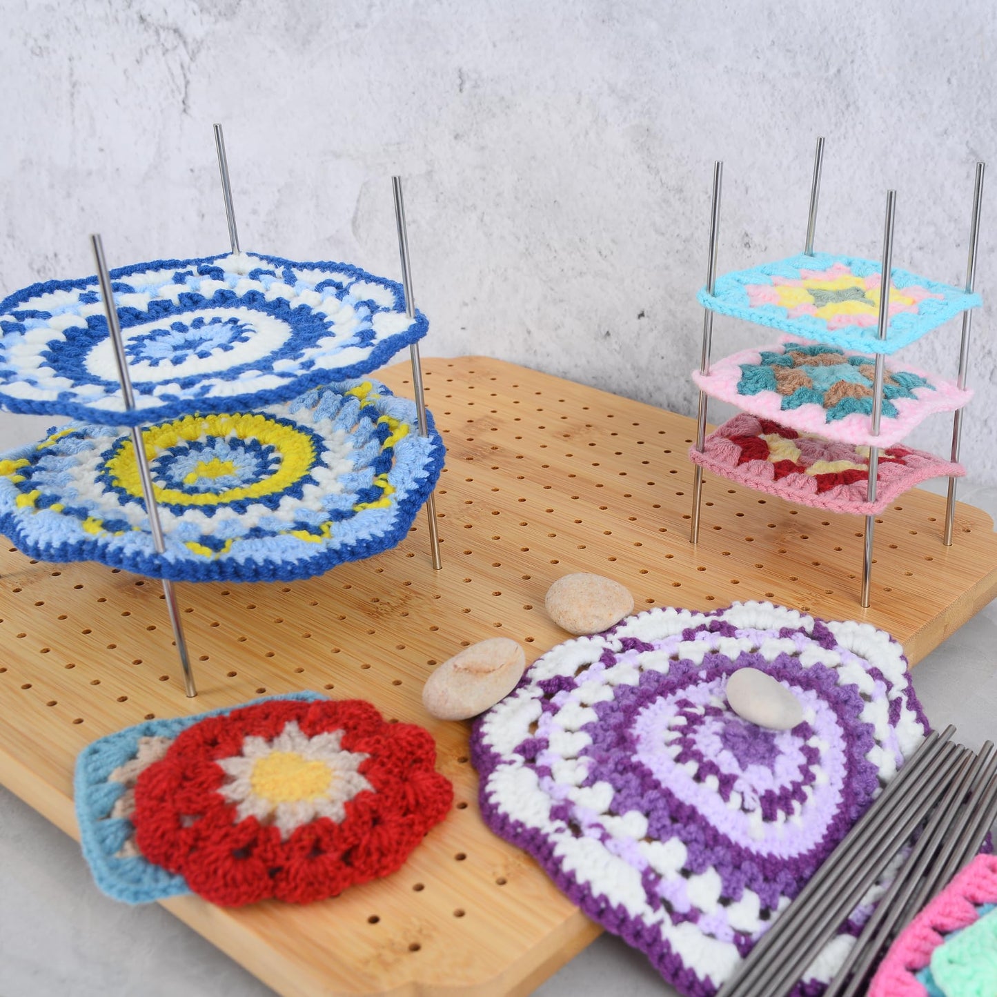 BLELEYLL 13" Crochet Blocking Board with 15 Pegs/Pins,Granny Square Blocking Board,Blocking Boards for Crochet Projects,Wooden Crocheting Accessories Gifts for Crocheters.