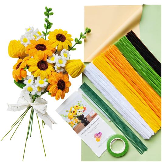 YYUENG TAK 210 pcs Pipe Cleaner Flowers Craft kit for DIY Sunflower Bouquet with tutoria (5 Colors),Chenille Stems Flowers Craft kit with 12 pcs Green Floral Wires,Gardening Tape,Floral Paper