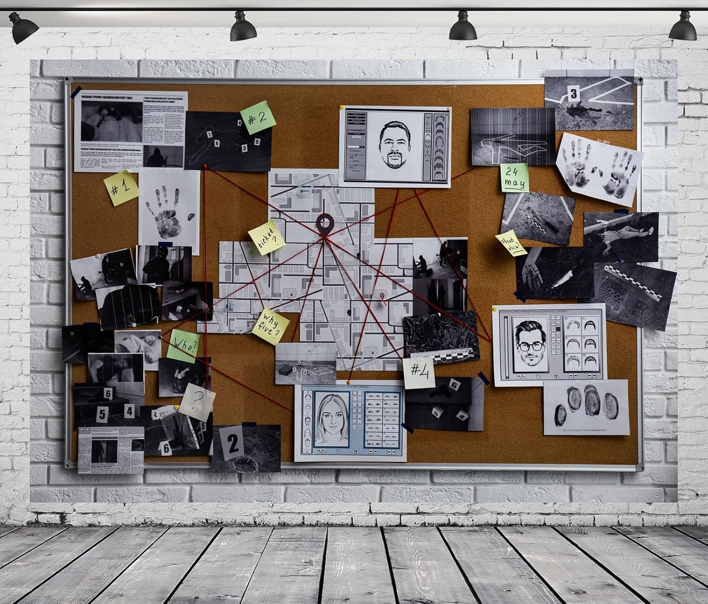 BELECO 10x6.5ft Fabric Spy Theme Detective Photography Backdrop Detective Board with Crime Scene Photos Fingerprint
