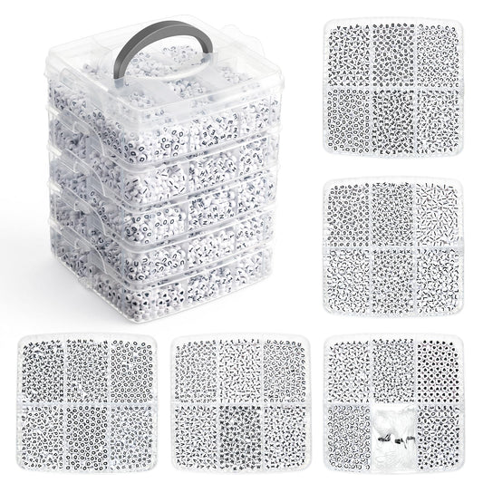 Simetufy 9000PCS Letter Beads A-Z Alphabet, 4x7mm Round Letter Bead Kits, Black Alphabet Beads & Smile Number Beads for Bracelets DIY Necklaces Jewelry Making, Black (Stack Box)