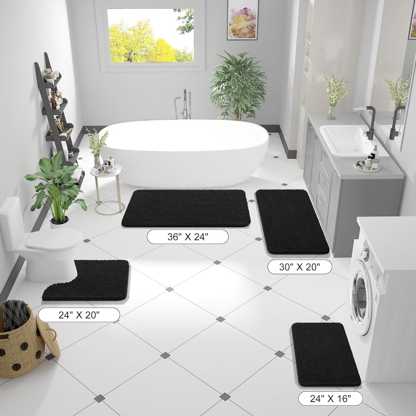 OLANLY Large Bathroom Rugs - Extra Soft Chenille Bath Mats | Quick Dry & Machine Washable, 59x35 in Black