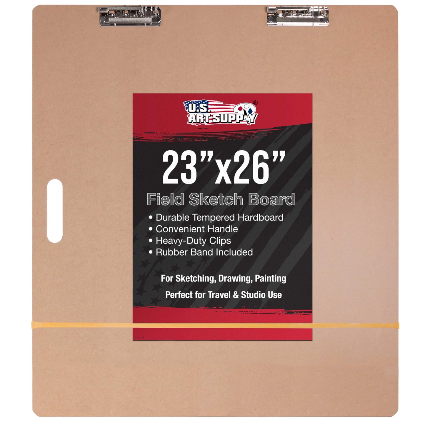 U.S. Art Supply 23" x 26" Artist Sketch Tote Board - Lightweight Hardboard Drawing Board with Handle, Clip & Rubber Band for Art, Sketching, Travel, Studio