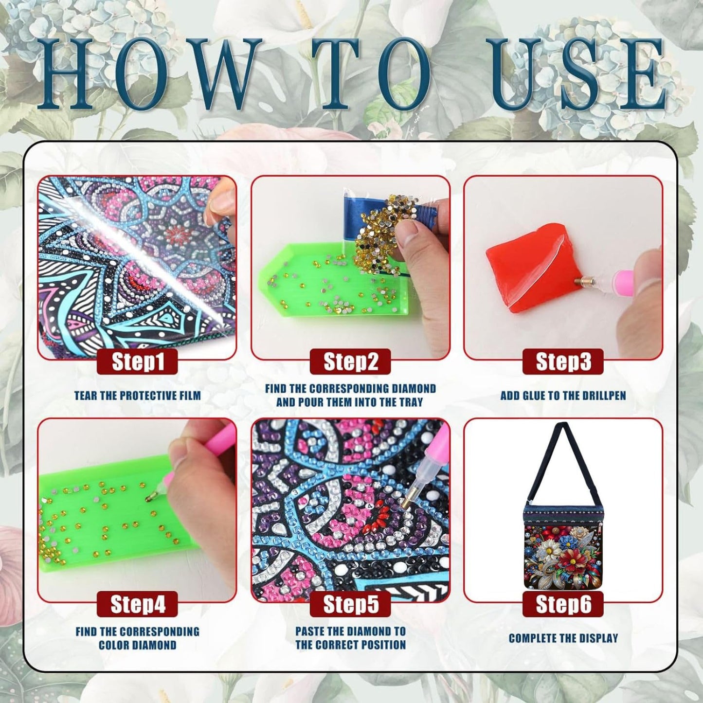 5D DIY Diamond Art Painting Crossbody Bag for Women, Shoulder Bag with Zipper Adjustable Shoulder Strap for Shopping-#10-Flower