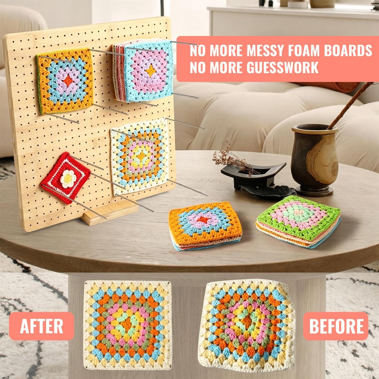 9x9 Inch Crochet Blocking Board, Bamboo Granny Square Blocking Mat with 12 Stainless Steel Pegs, Wooden Base and 5 Yarn Needles, Gifts for Crocheters