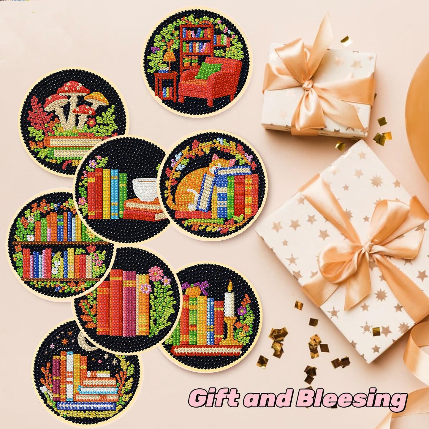 Puraikcmi 6pcs DIY Diamond Painting Kits Coasters with Holder, Diamond Art Coasters by Number for Kids and Adults Full Drill Round Mosaic Stitch Art Craft Supplies (Book Diamond Art Coasters)