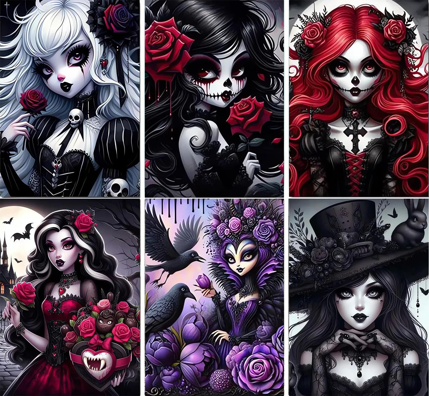 DAZZLEDOTS Diamond Art Kits for Adults, 6-Pack Gothic Girl Diamond Painting Kits for Beginner Princess Round 5D Full Drill Diamond Dots Crafts for Home Wall Decor Gifts 12x16 Inch