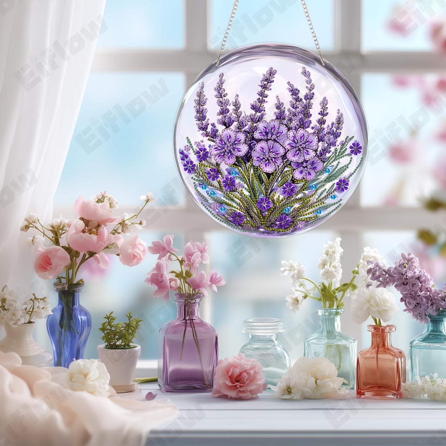Eiflow DIY Hanging Diamond Art Kit Purple Flower, Acrylic Diamonds Painting Pendant Board Kit, 5D Gem Art Ornament Kit for Adults, Double Sided(9.4x9.4inch)
