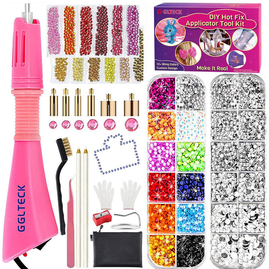 GGLTECK Hotfix Applicator Rhinestones - Hot Fixed Bedazzler Kit, DIY Hot Fix Rhinestone Applicator with 7 Different Sizes Tips, 5304 PCS Rhinestones, Tweezers Brush Cleaning Kit