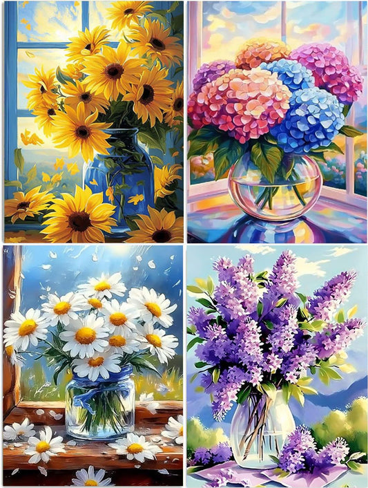DOZEEZOP 4 Pack 5D Diamond Painting Kits for Adults, Diamond Art Kits for Beginners of All Ages, Round Full Drill Painting by Numbers Crafts Home Wall Decor 12 x 16 Inches Floral