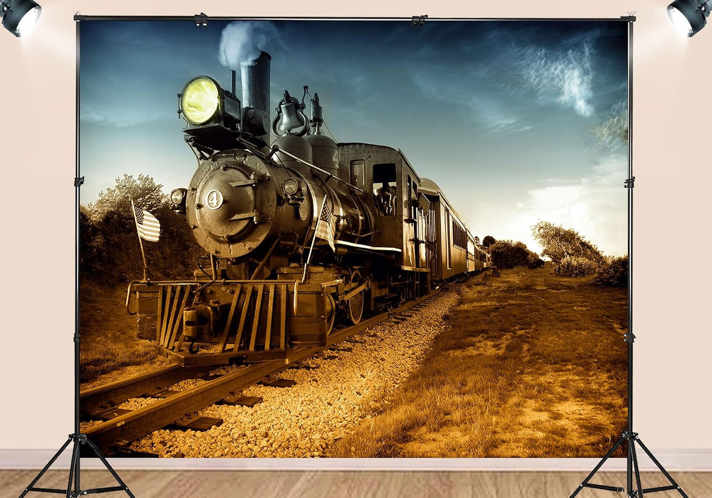 SHDASMIL 5X3ft Sunset Fabric Vintage Steam Locomotive Backdrop Train Tracks Background Western Cowboy Birthday Party
