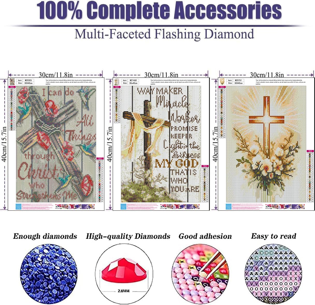 mrpwnle 3 Pack Religious Cross Diamond Art Kits for Adults, Jesus Christ Cross Diamond Painting Kit for Adults Beginners, DIY Full Drill Gem Art Crafts Kit Home Wall Decor Gifts 11.8x15.7 inch