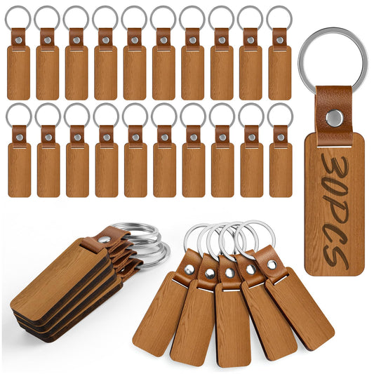 ALDMIO 30 Pcs Wood Keychain Blanks, Wooden KeyChain with Leather Strap, Unfinished Wooden Key Ring for Laser Engraving, DIY Various Key Tags, Wood Crafts