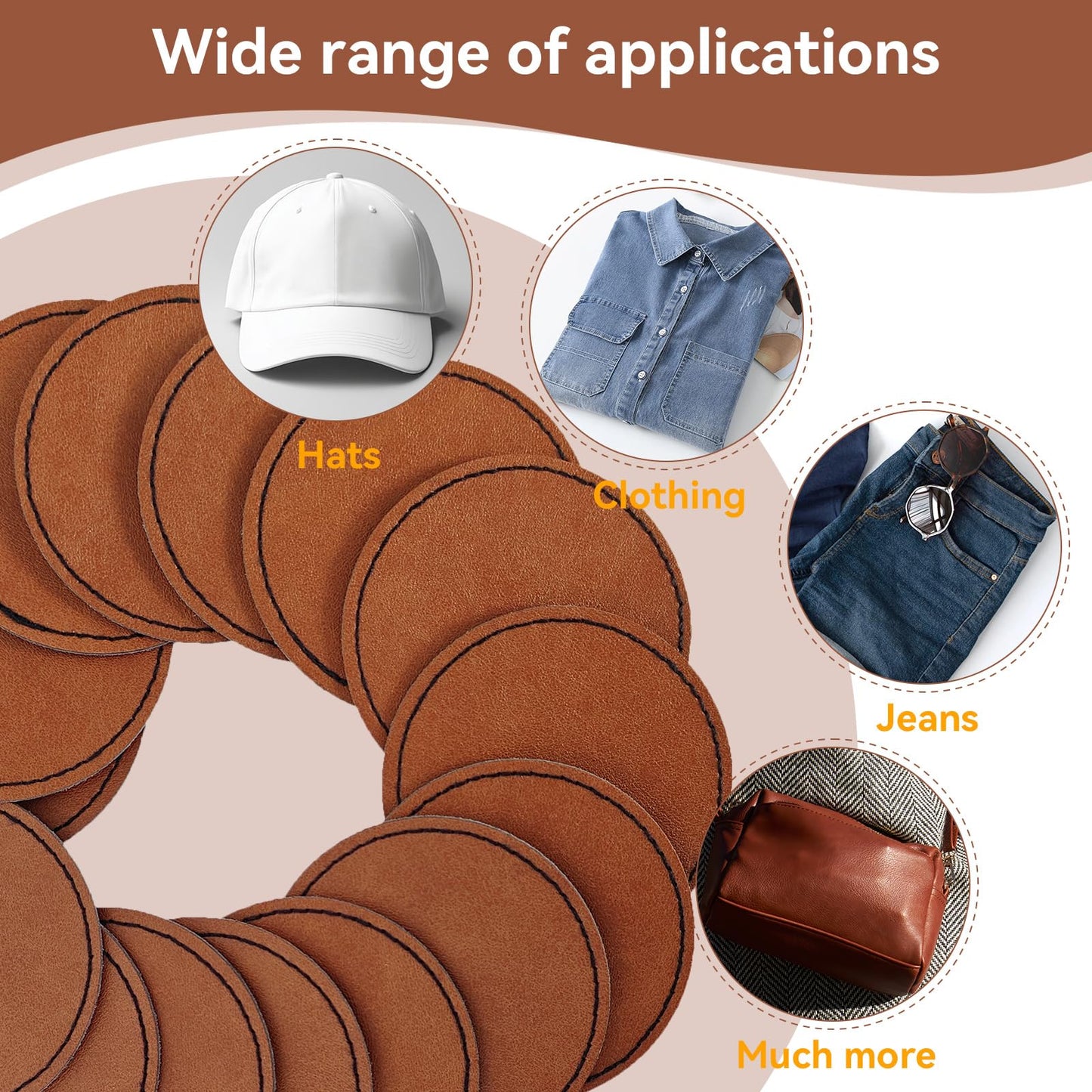 Harsgs 64PCS Blank Leatherette Hat Patches, Retangle Laserable Rustic Leatherette Patch with Adhesive for Heat Press/Transfer Iron-on, Round Light Brown