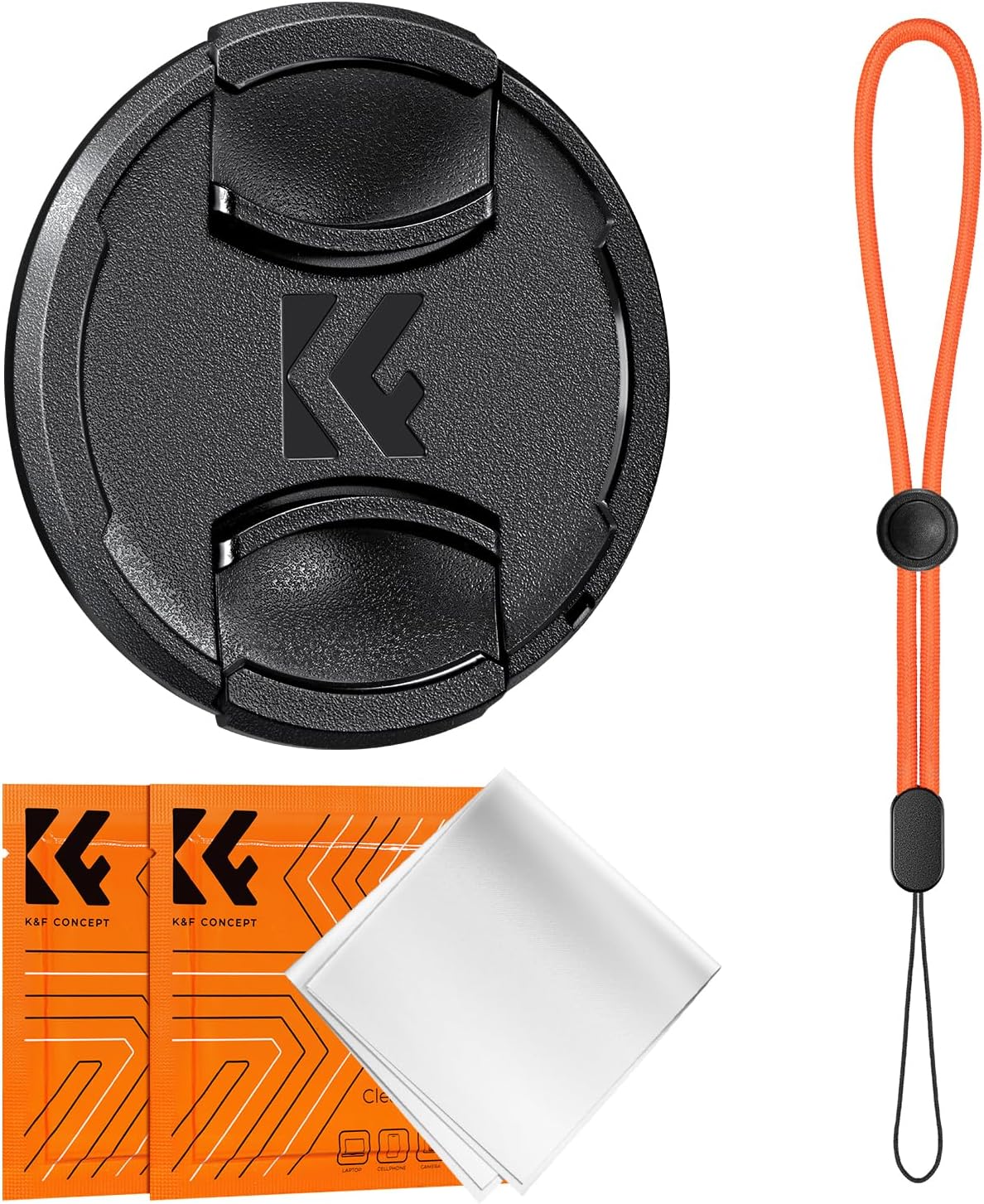 K&F CONCEPT 49mm 4-in-1 Pinch Lens Cap Cover, Center Lens Cover + Anti-Loss Keeper Leash + Microfiber Cleaning Cloth