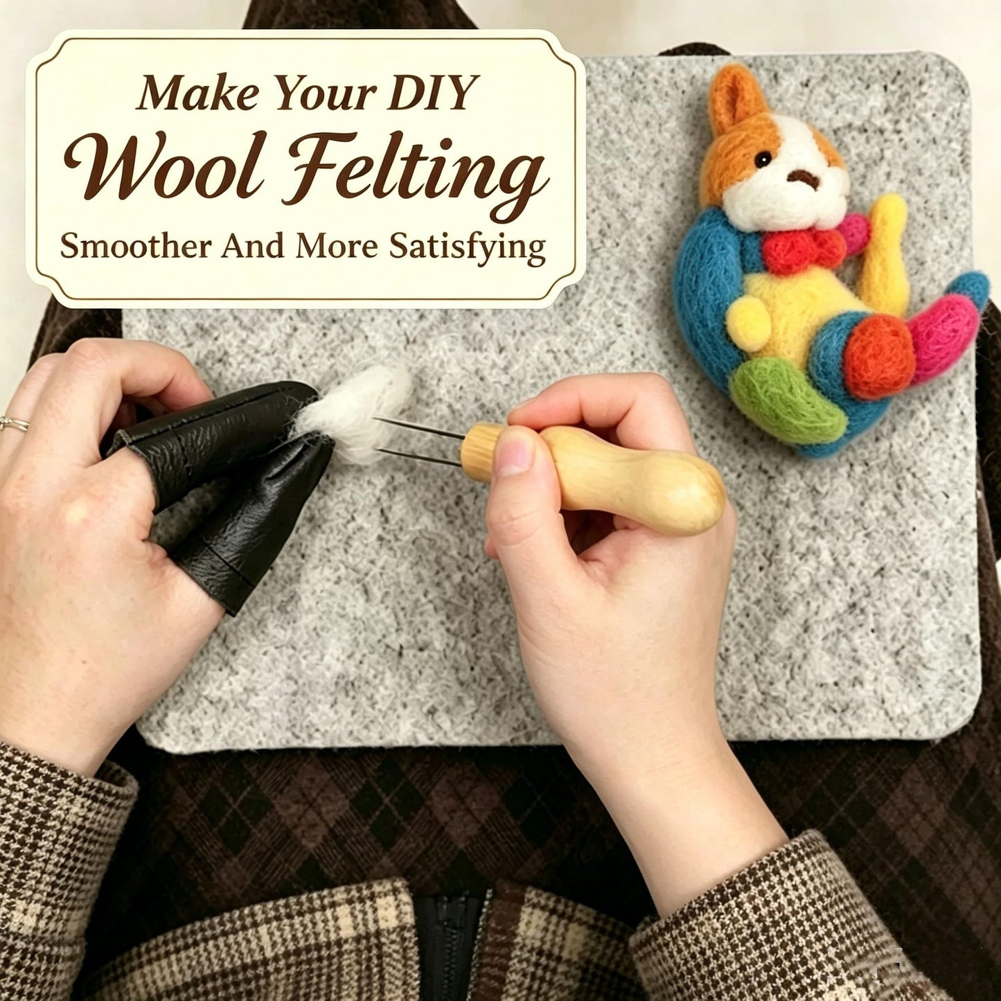 Memfish Wool Needle Felting Pad,10x8x1 inch Needled Felt Mat Block Thick and Firm Base Including Pair of Leather Finger Guards (10in*8in)