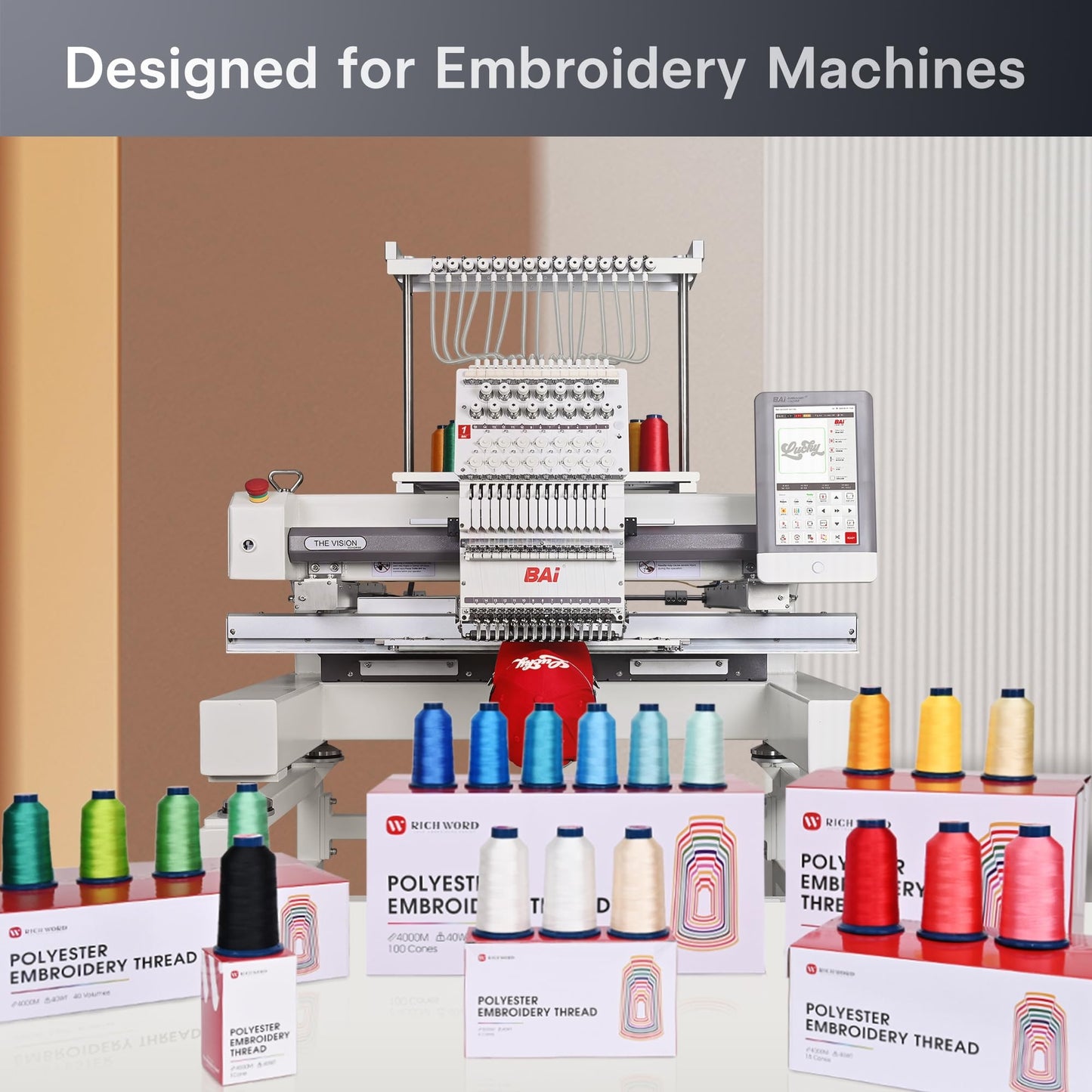 BAi Embroidery Thread Set, 100 Brilliant Colors,40WT (108D/2) Polyester Embroidery Machine Thread, 4000M Each Spool for Commercial Multi-Needle Embroidery Machines Embroidery Machines