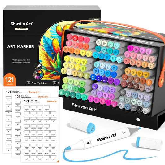 Shuttle Art Brush Tip Alcohol Markers, Dual Tip Brush & Fine Tip Art Marker Set, 121 Colors Marker Pens with Organized Case Perfect for Illustration Students Adults Coloring Sketching