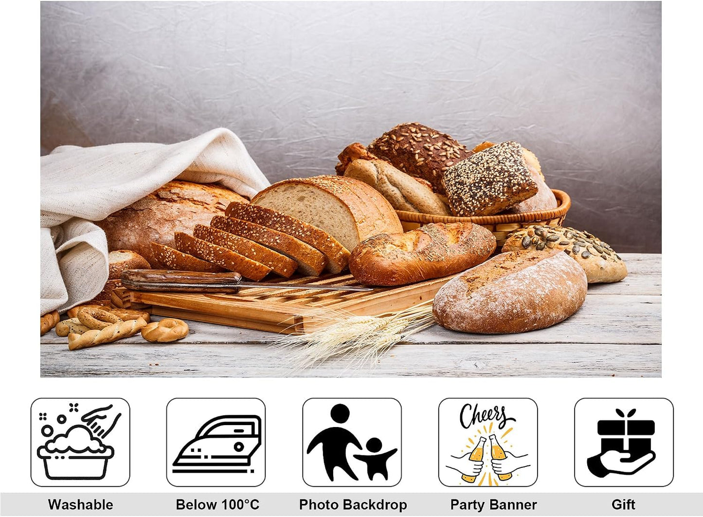 KeyWork 8x6ft Artisan Bread Assortment Backdrop Fresh Bakery Photography Background for Party Food Themed Gathering