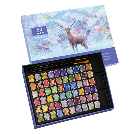 GlisDyck Mini Shimmer Watercolor Paint Set, 60 Colors Glitter Metallic Watercolour Painting Sets, Solid Pearl Water Color Paints for Artists, Amateur Hobbyists and Painting (60 Colours)