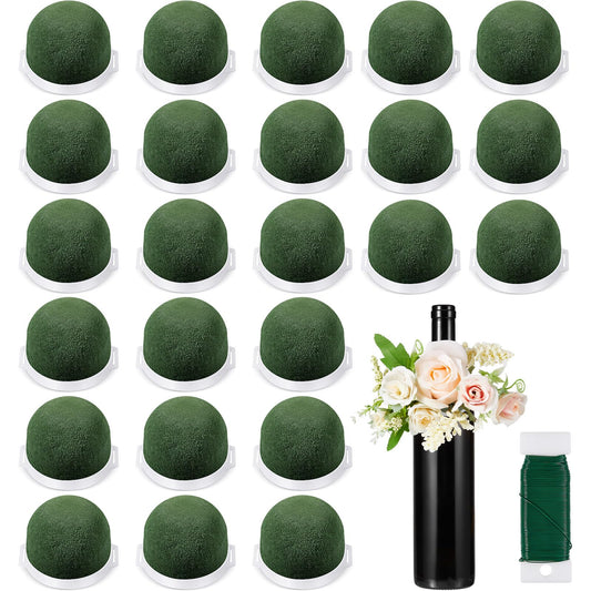 Tessco 24 Pcs Mini Floral Foam Holder Round Floral Foam with Green Arrangement Wire Arrangement Supplies for Table Wedding Wine Bottle Decor