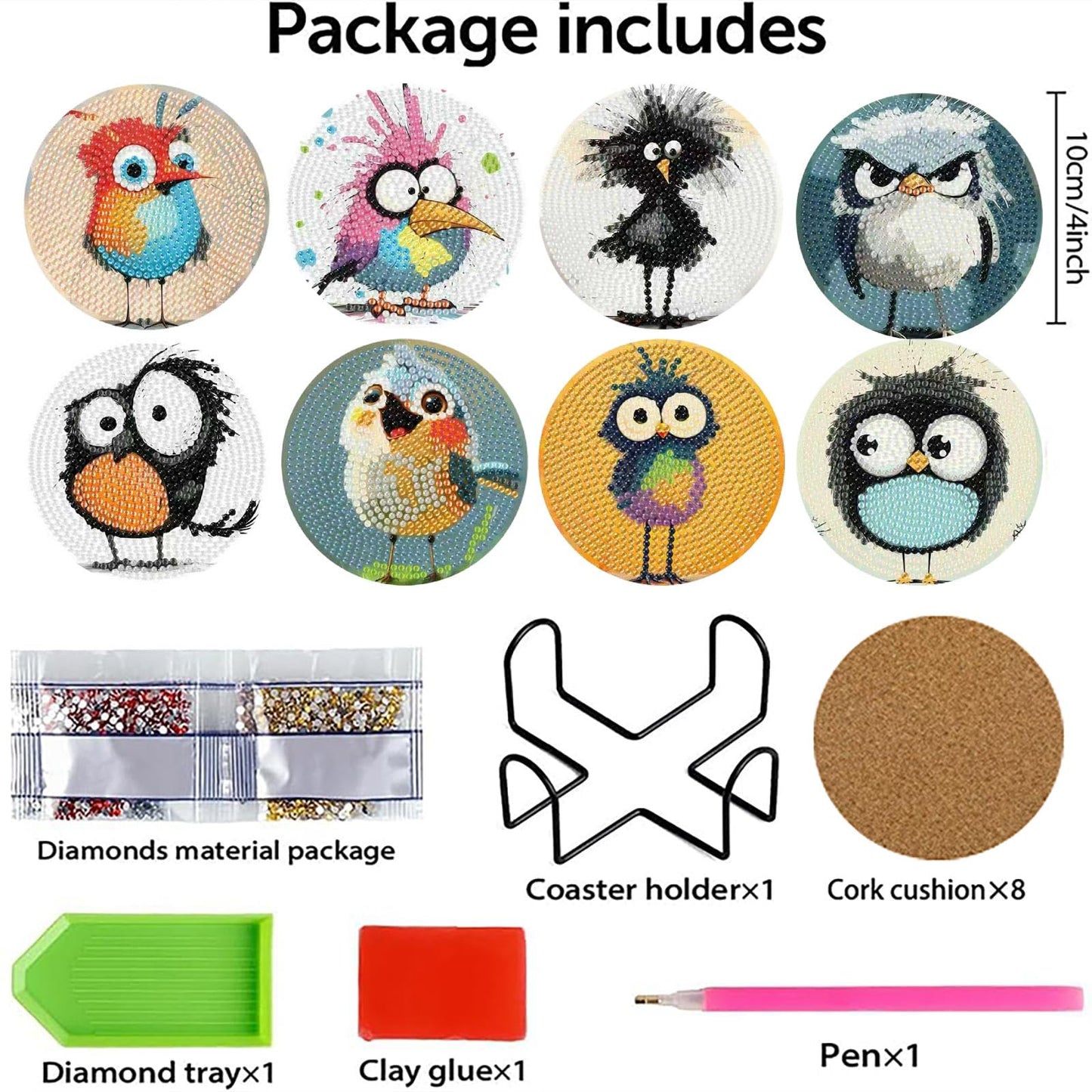 8 Pcs Retro Birds Diamond Art Coasters Kits for Adults with Holder, Cute and Funny Bird Pattern Wooden Diamond Painting Coasters Kits, DIY Diamond Dots Art Painting Coaster Crafts Kit for Home Decor