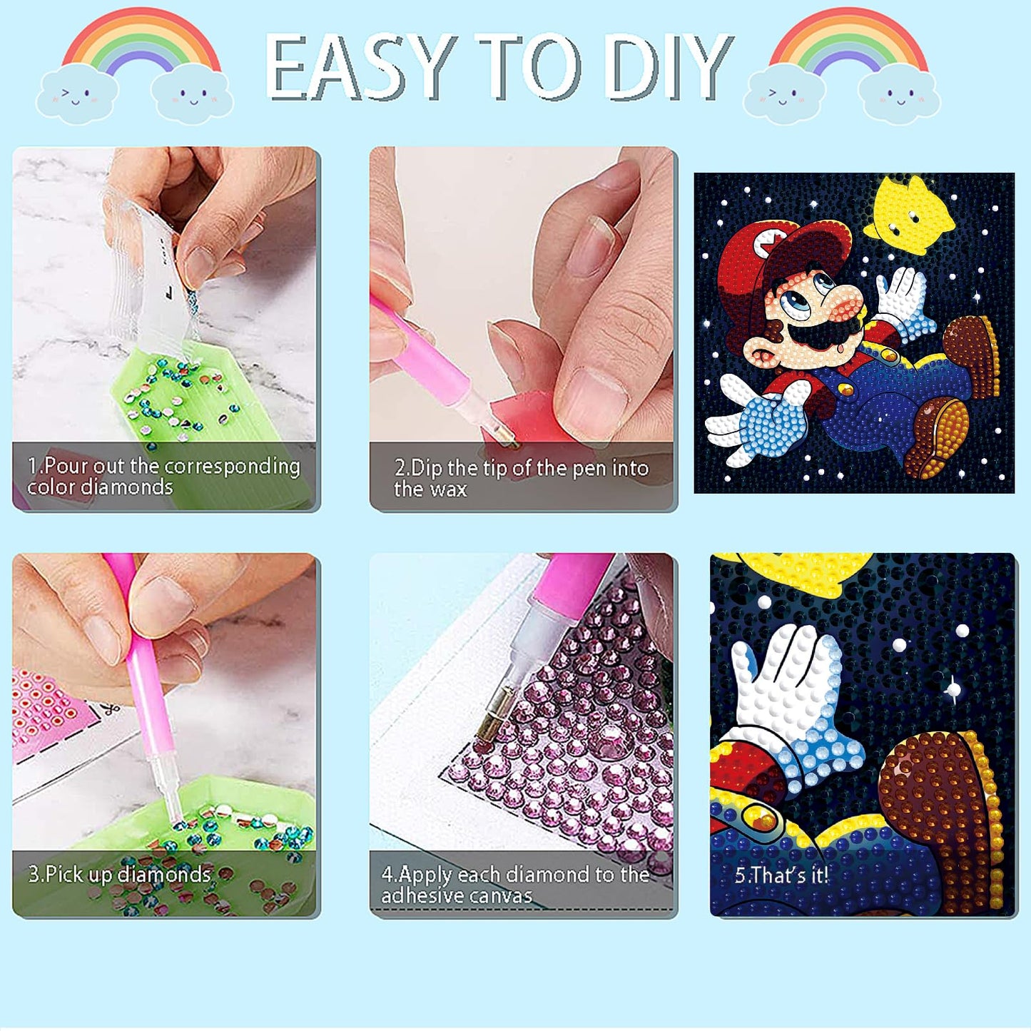 Baiwanerxiang Diamond Art Kits for Kids Ages 8-12, 6 Pcs Diamond Painting for Kids Full Drill Diamond Art Gem by Number for Kids Mosaic DIY Craft Gifts for Home Wall Decor, 6x6 Inch
