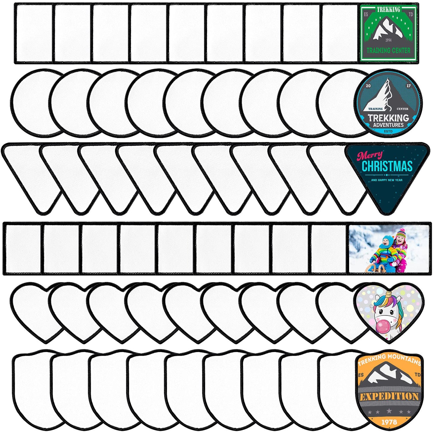 Waydress 60 Pieces Blank Sublimation Patches 6 Shapes Iron-on Blank Fabric Repair Patches Decorative for Hats Clothes Uniforms Jeans Backpacks Vest