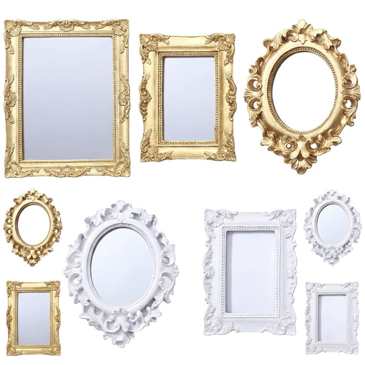 Skylety 10 Pieces Miniature Dollhouse Mirror European Frame Mirror Victorian Baroque Wall Decor Miniature Bedroom Mini Furniture Accessory for 1/12 Dollhouse Decor, Gold and Silver