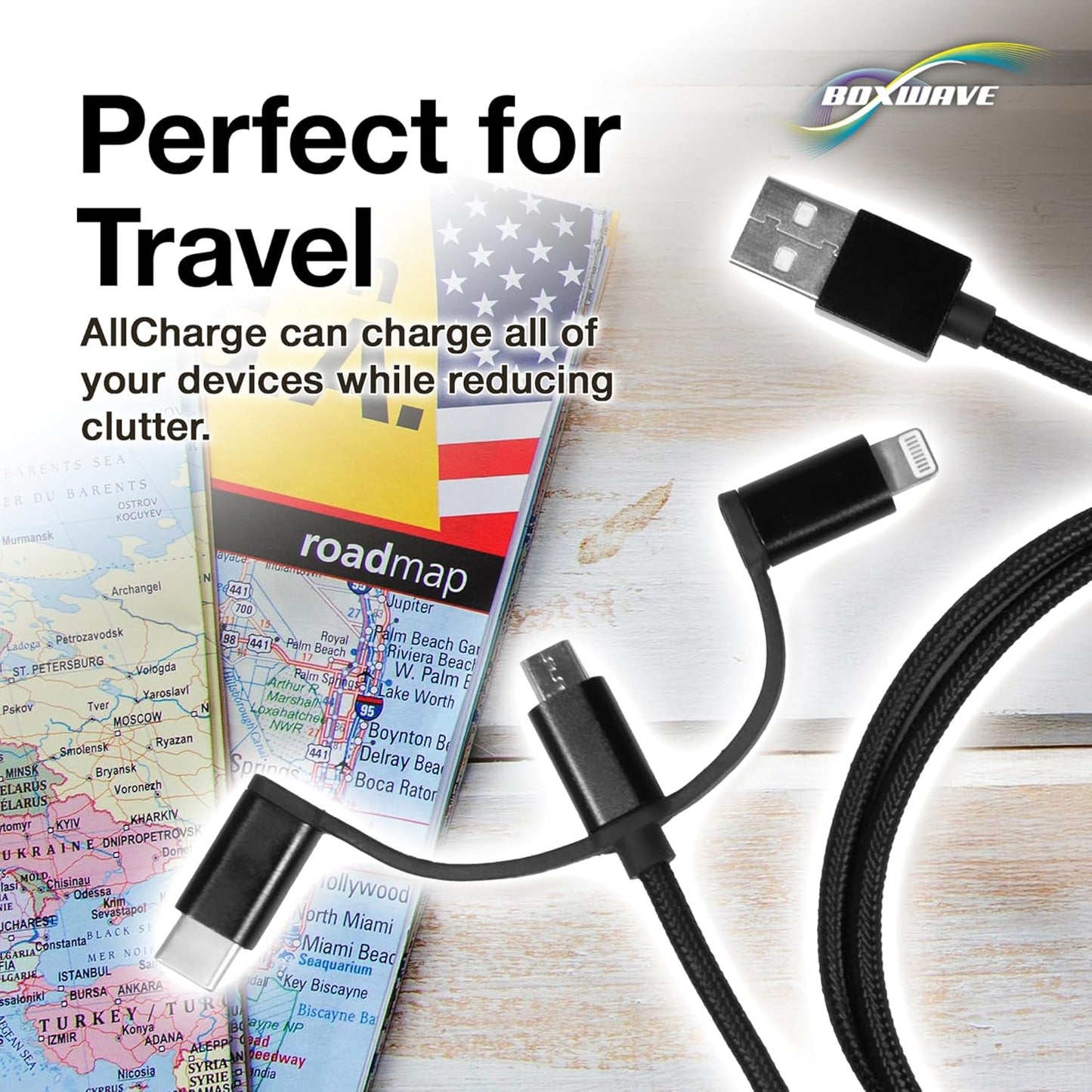 BoxWave MP3 3-in-1 Cable Compatible with RUIZU Kids Bluetooth Player - AllCharge Cable - Jet Black