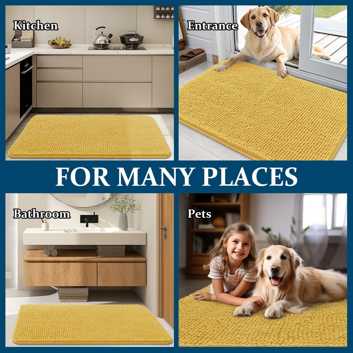 OLANLY Dog Door Mat - Absorbent Non-Slip Chenille Mat for Muddy Paws | 59x35 Inches, Quick Dry, Yellow